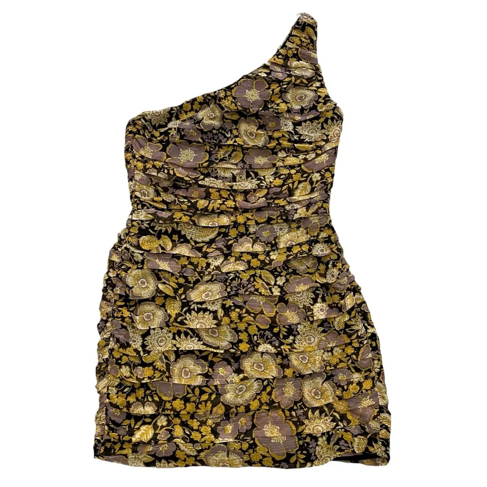 Zara Floral Yellow Purple Glitter Drape One Shoulder Bodycon Dress, Sz S - Image 4