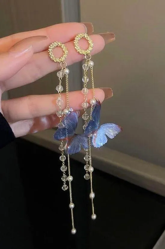 Crystal Butterfly Pearl Tassel Long Dangle Drop Earrings for Women Gold - Image 3