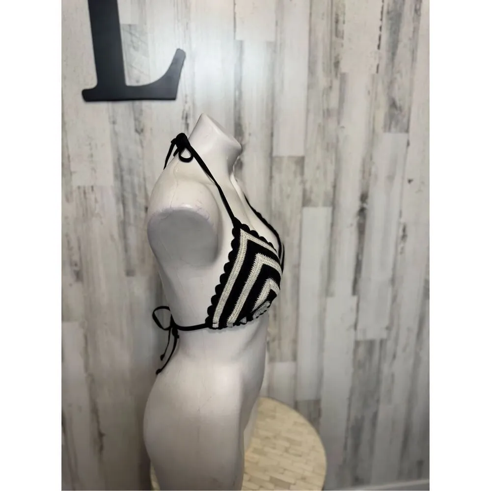 Black & Cream Crochet Halter Bikini Top XL – Boho Swim Top, Adjustable Tie Back - Image 6