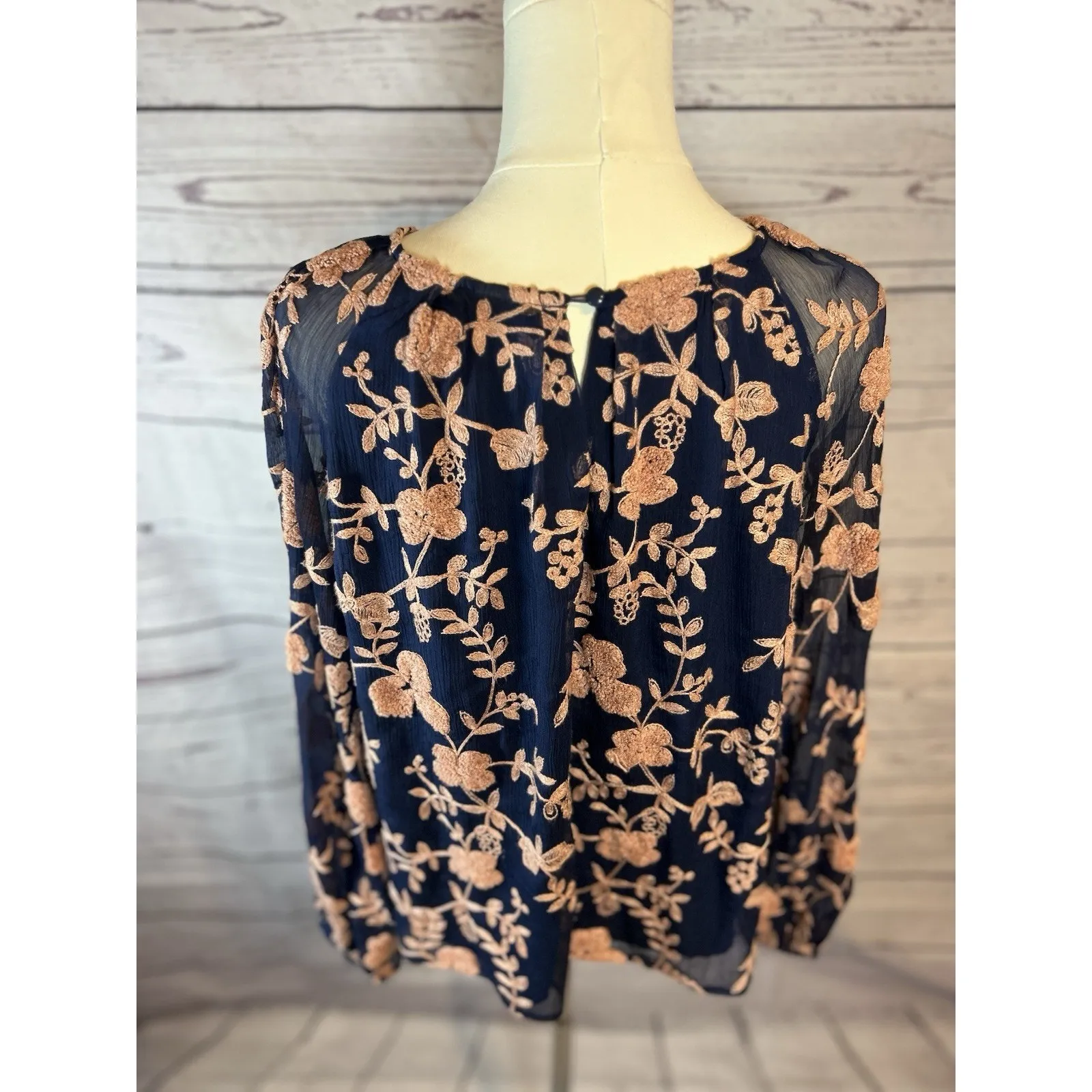 Sunday in Brooklyn Navy Blue Rose Gold Floral Embroidered Blouse XS Long Sleeve Pink - Image 4