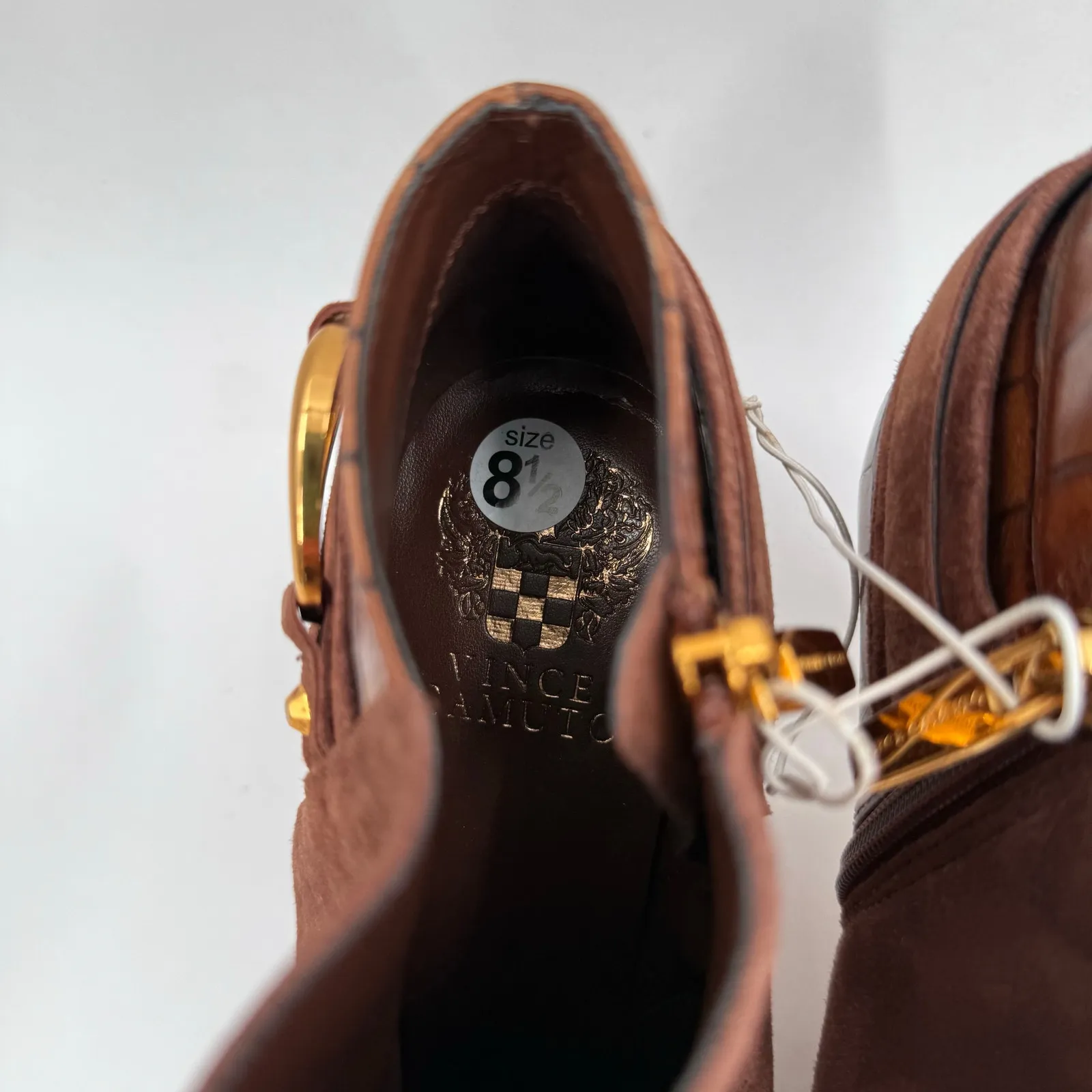 VINCE CAMUTO Selmente Boots SZ 8.5 NWOT Brown Suede Gold Heel Bootie Zipper Croc - Image 6