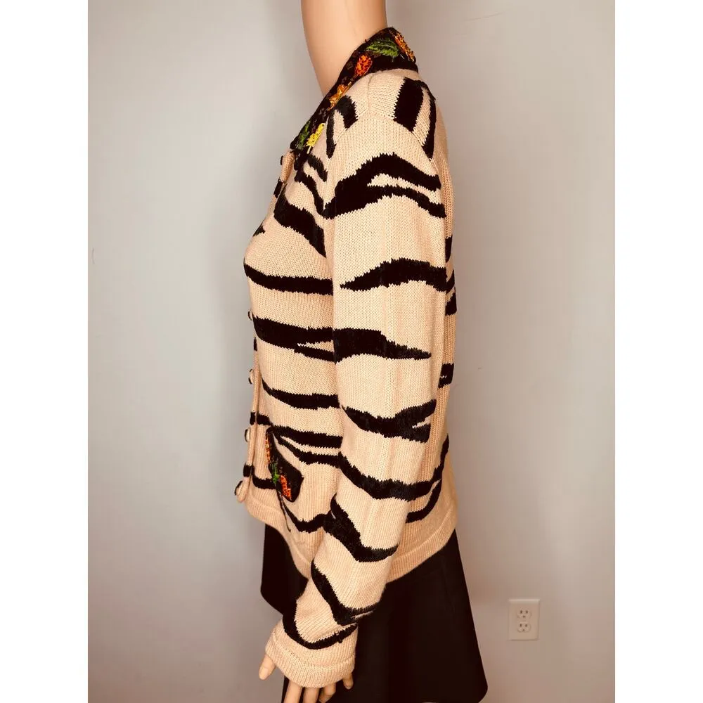 Berek Tiger Striped Embroidered Cardigan Knit Sweater size M Tan/Black Vintage Tan Size M - Image 3