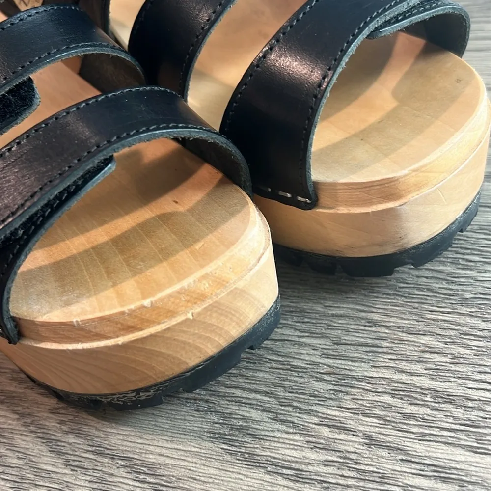 Swedish Hasbeens Wooden Strappy Leather Velcro Slip - Image 4