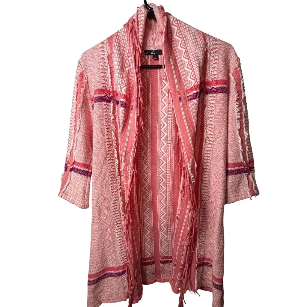C. Luce Womens Large Pink Aztec Print 3/4 Sleeves Fringe Trim Sweater Cardigan - Image 2
