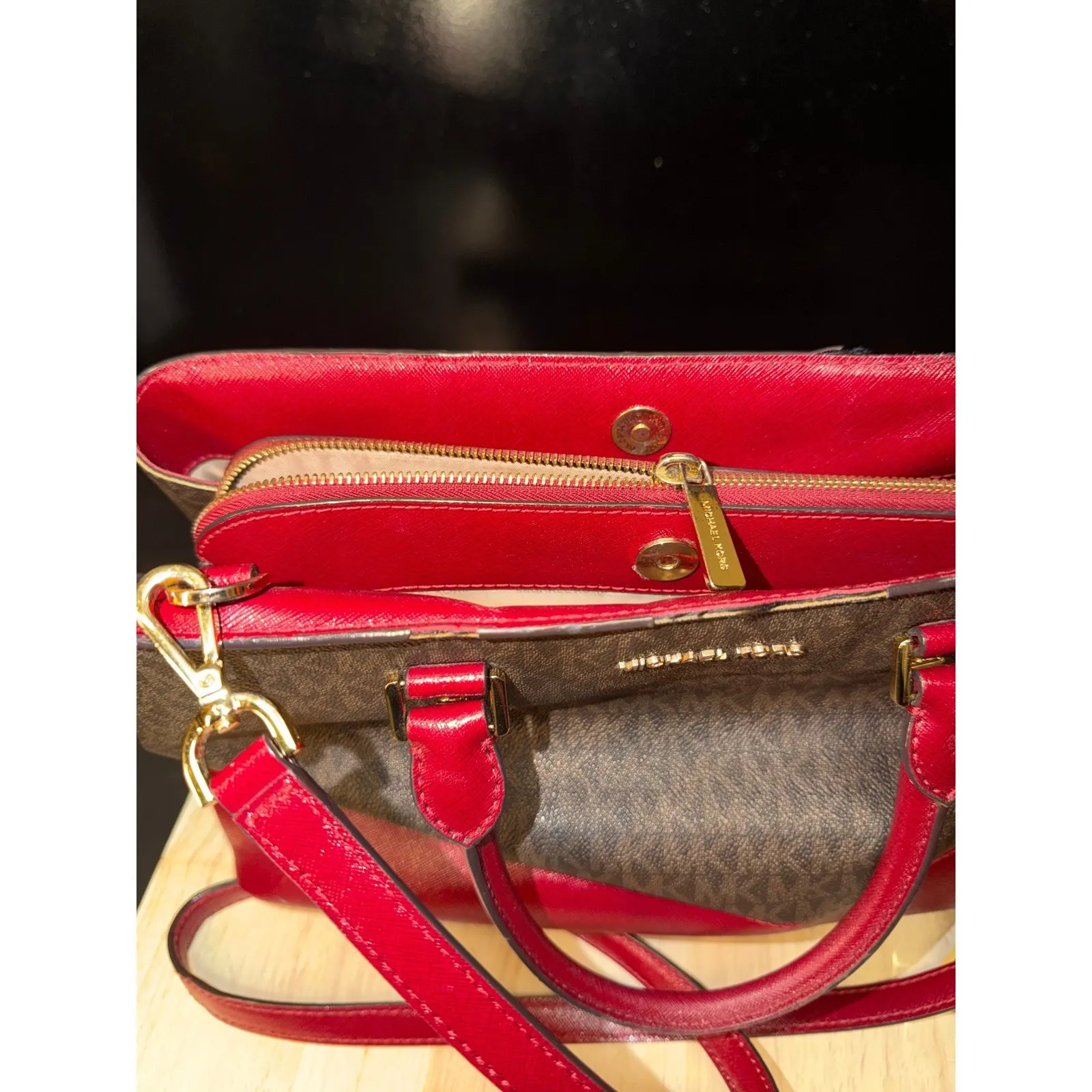 Michael Kors Handbag Tote Brown Signature Red Leather Convertible Strap - Image 9