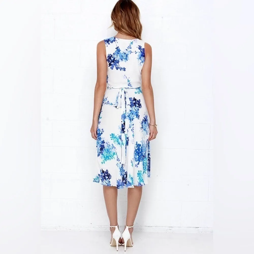 Lulus Paint Me a Picture Ivory Blue Watercolor Floral Garden Wrap Dress Small - Image 9