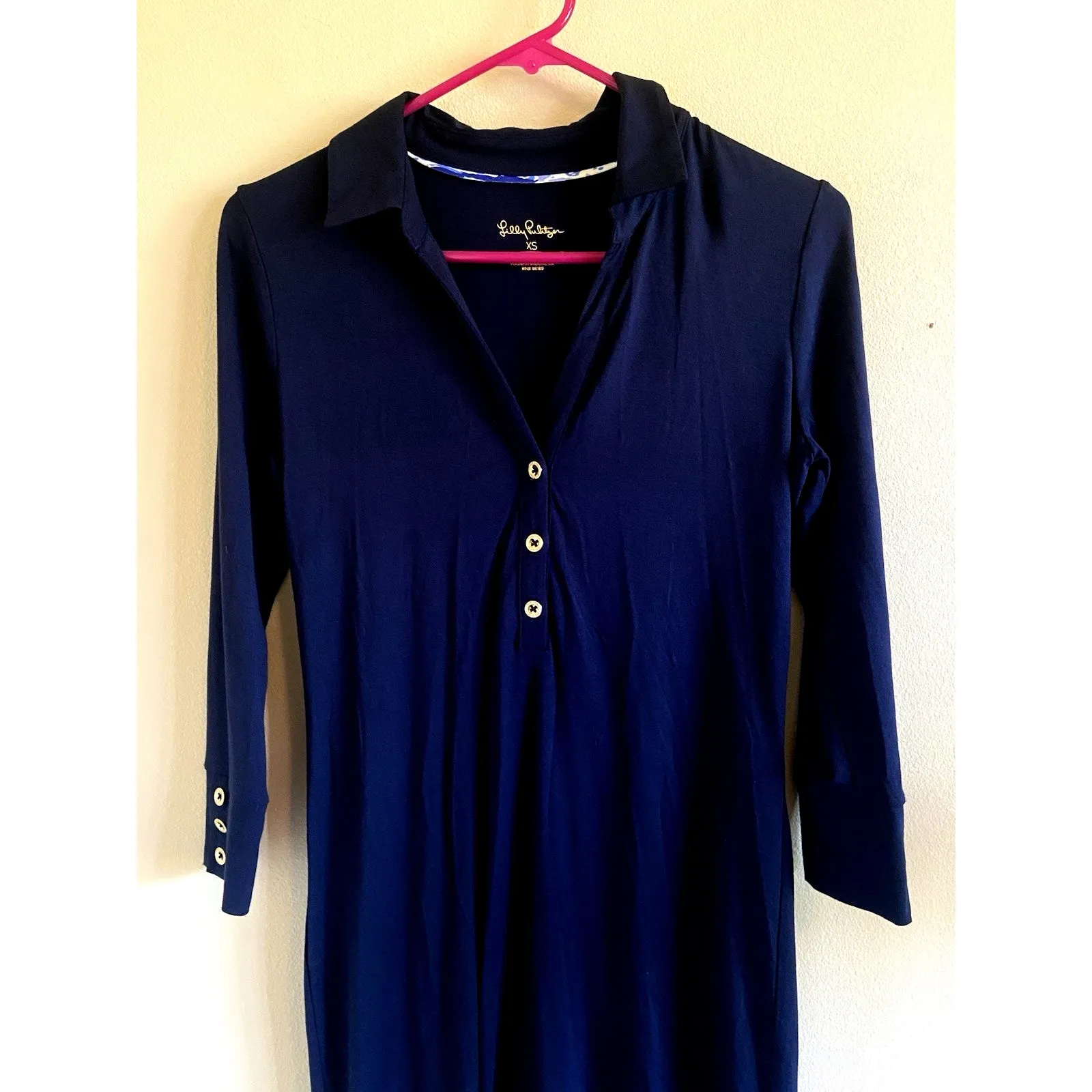 Lilly Pulitzer Navy Blue Gold Tone Button Collared Jersey Knit Dress‎ Womens XS - Image 10