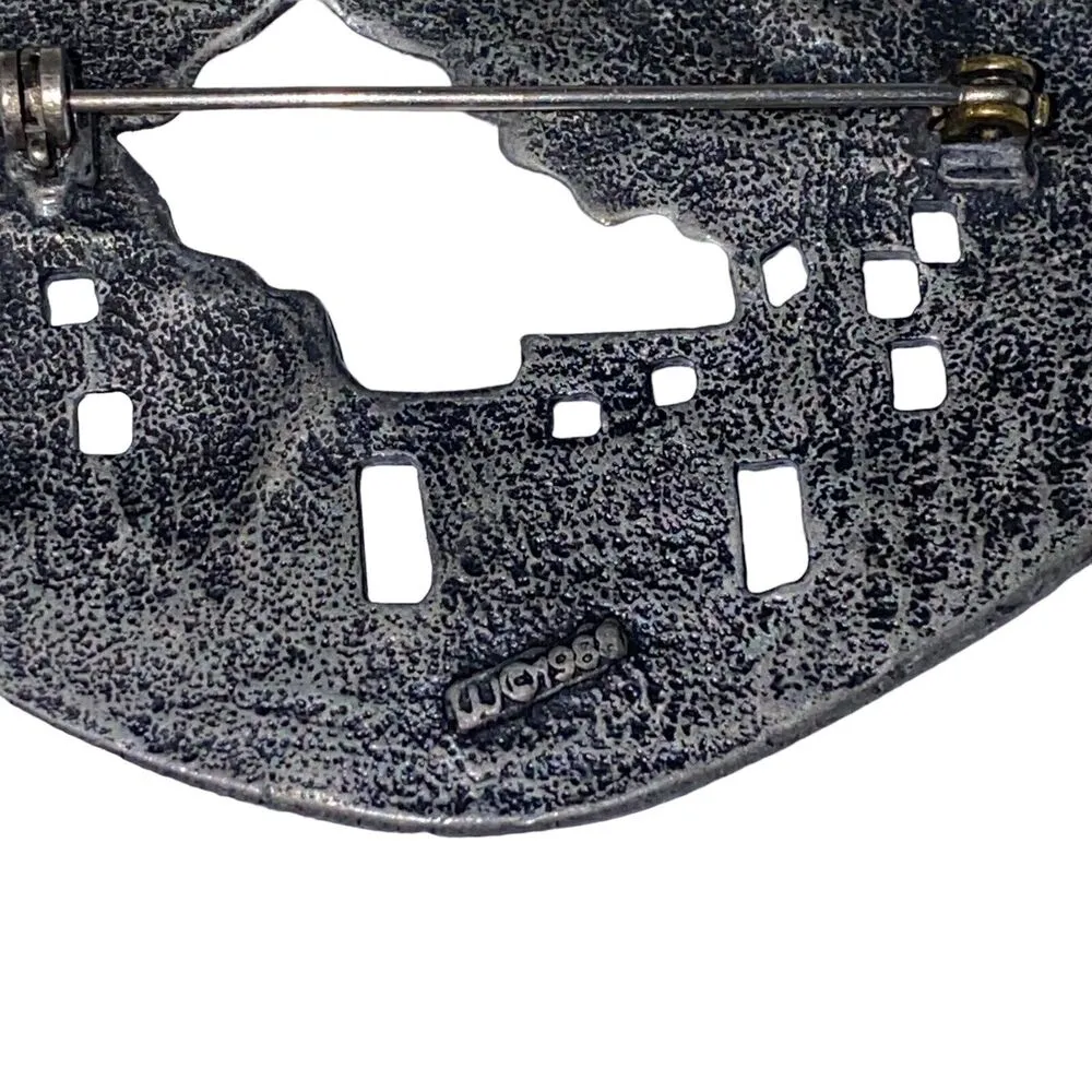 Vintage 1988 JJ 3D Building Pewter Silver Tone Pueblo Adobe Scene Pin Brooch - Image 8