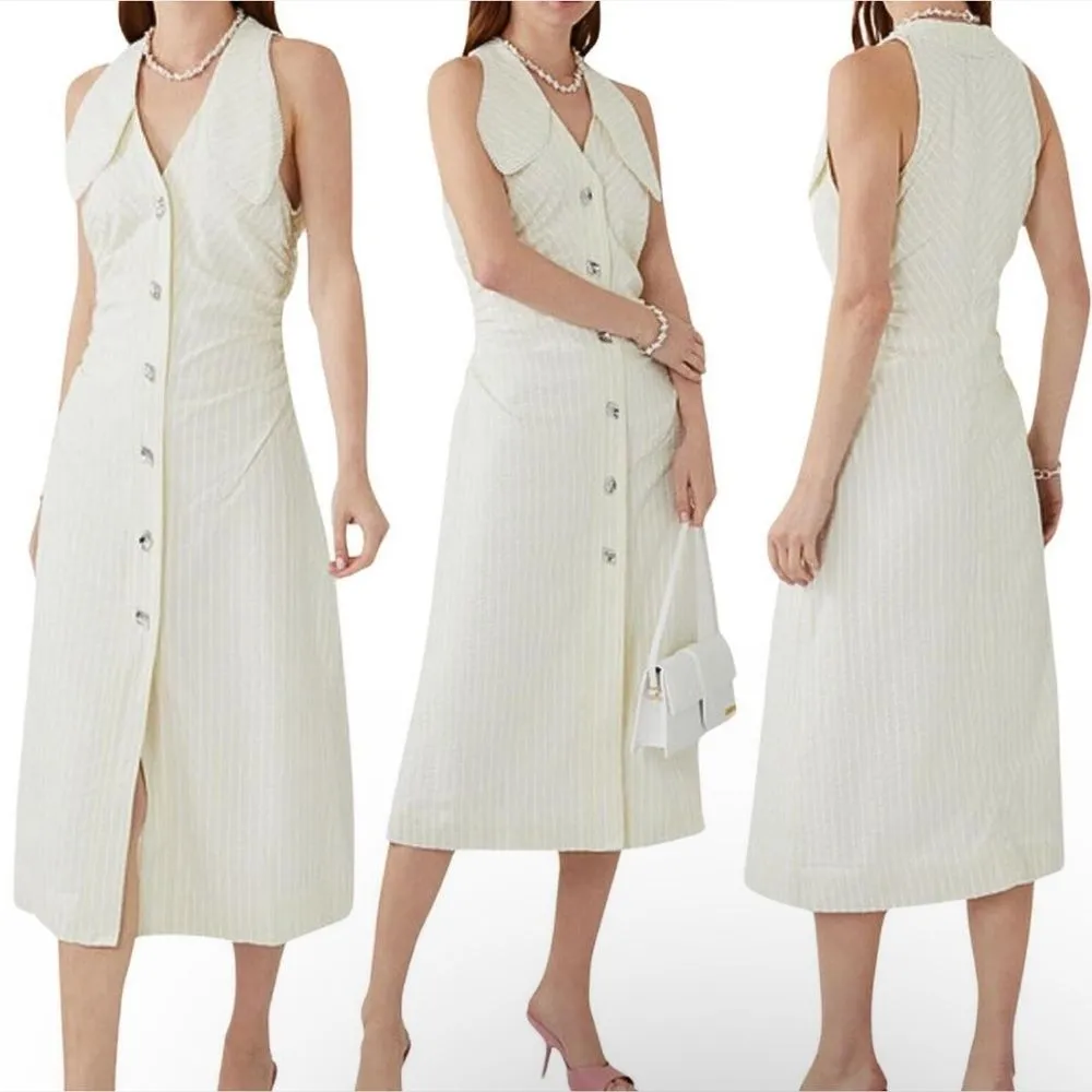 Ganni Seersucker Stripe Midi Dress Stripe Flan Size 14 Yellow - Image 4