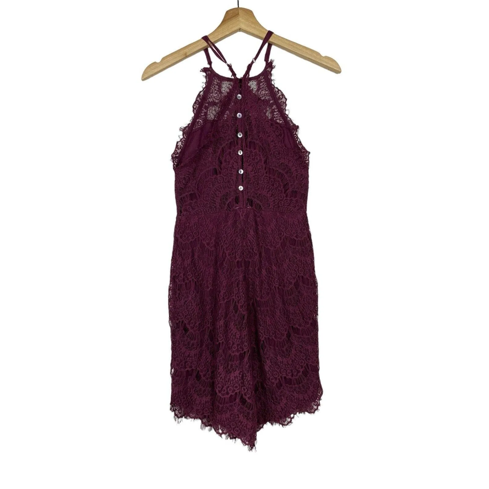 Free People Mini Slip Dress Sz‎ XS Lace Eyelash Burgundy Red Bodycon Semi Sheer - Image 3