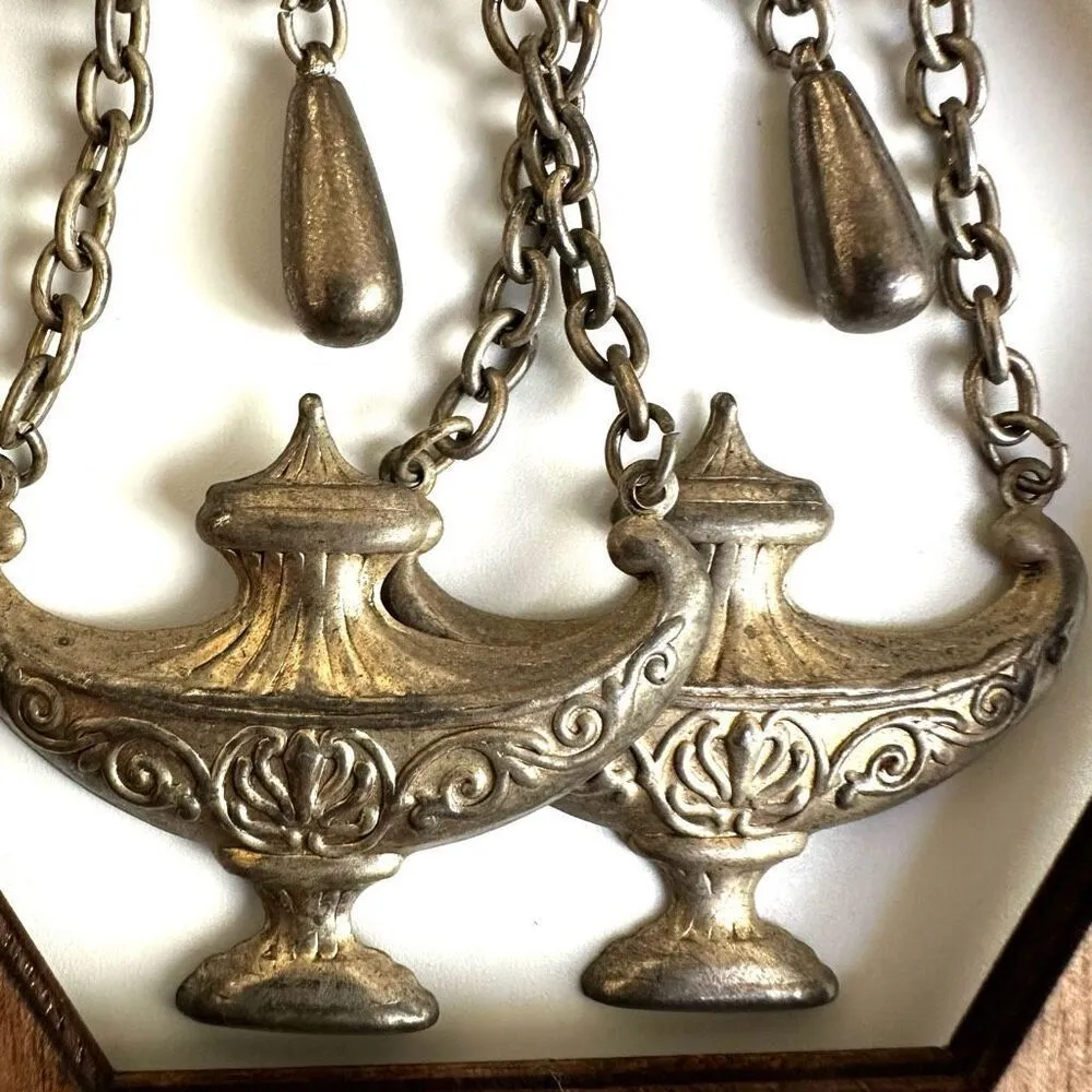 Silver tone vintage Aladdin’s lamp statement earrings - Image 4