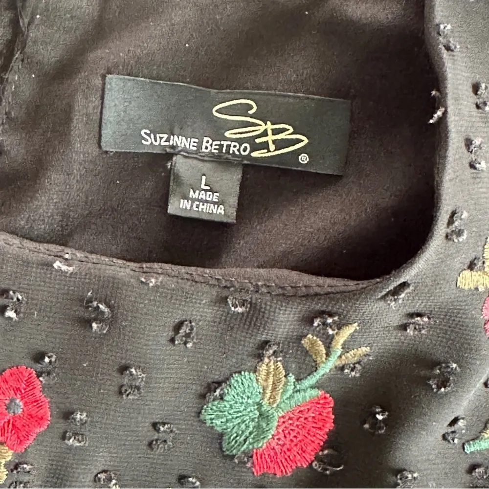 SuzAnne Betro Black Floral Embroidered Swiss Dot Dress | Size Large - Image 5