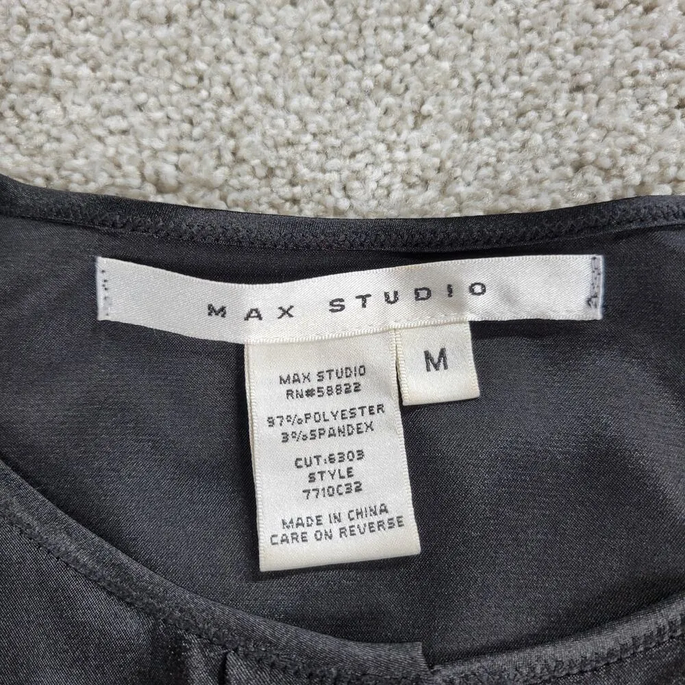 Vintage Max Studio Satin Top Womens M Black Puff Sleeve Button Up Whimsigoth - Image 2