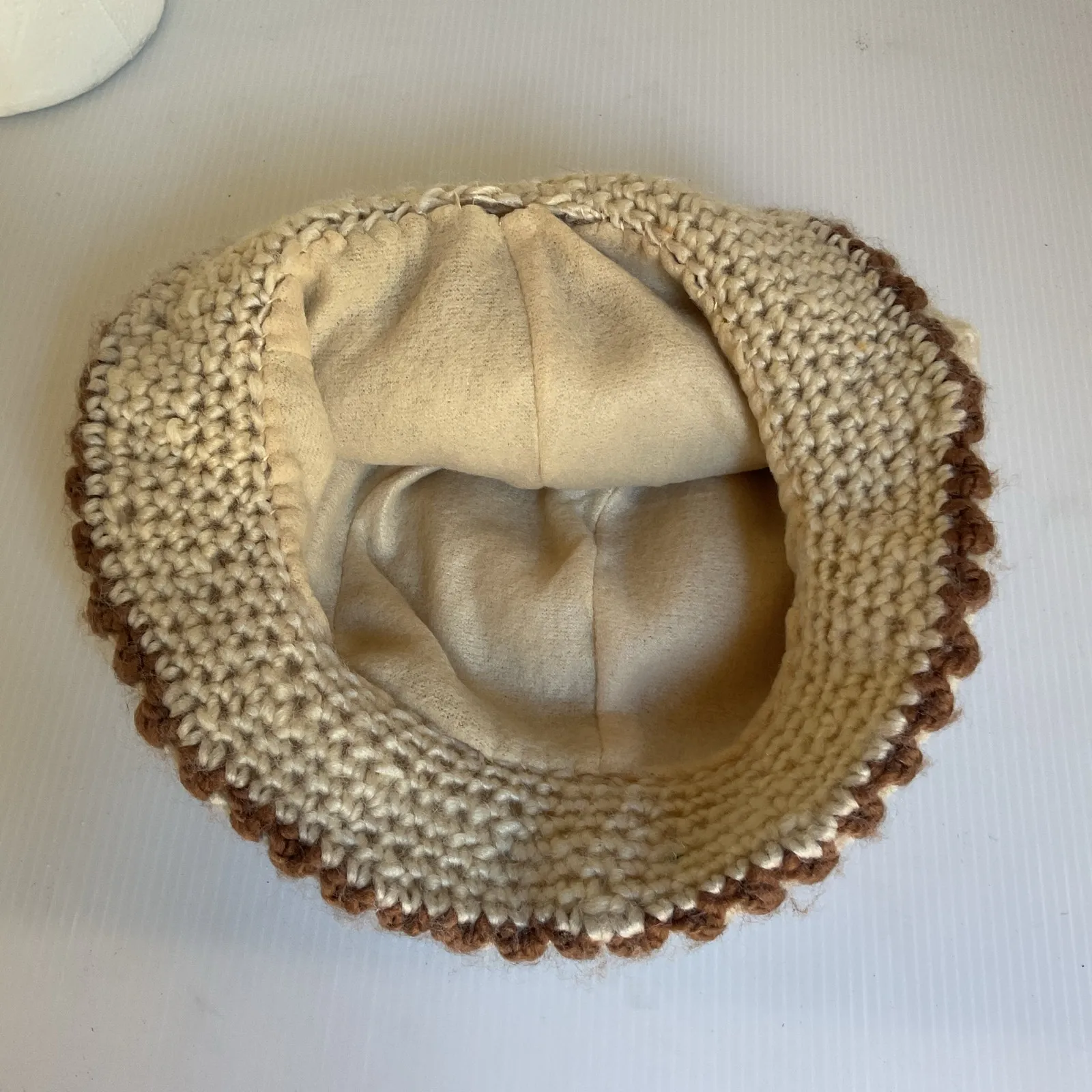 Vintage Bucket Hat Sherpa Crochet Cloche Cream Brown with Faux Fur Flower Accent - Image 8