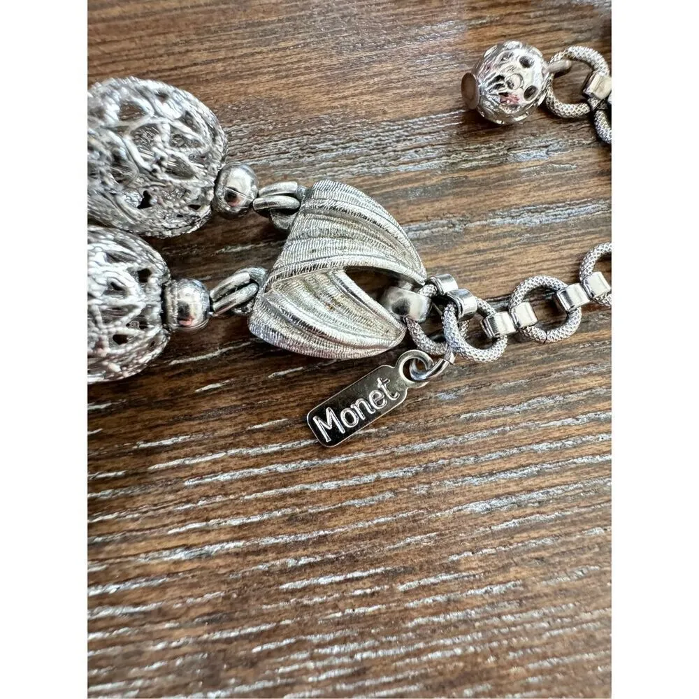 Monet Silvertone Filigree Metal Bead Double Strand Choker Necklace Adjustable - Image 4