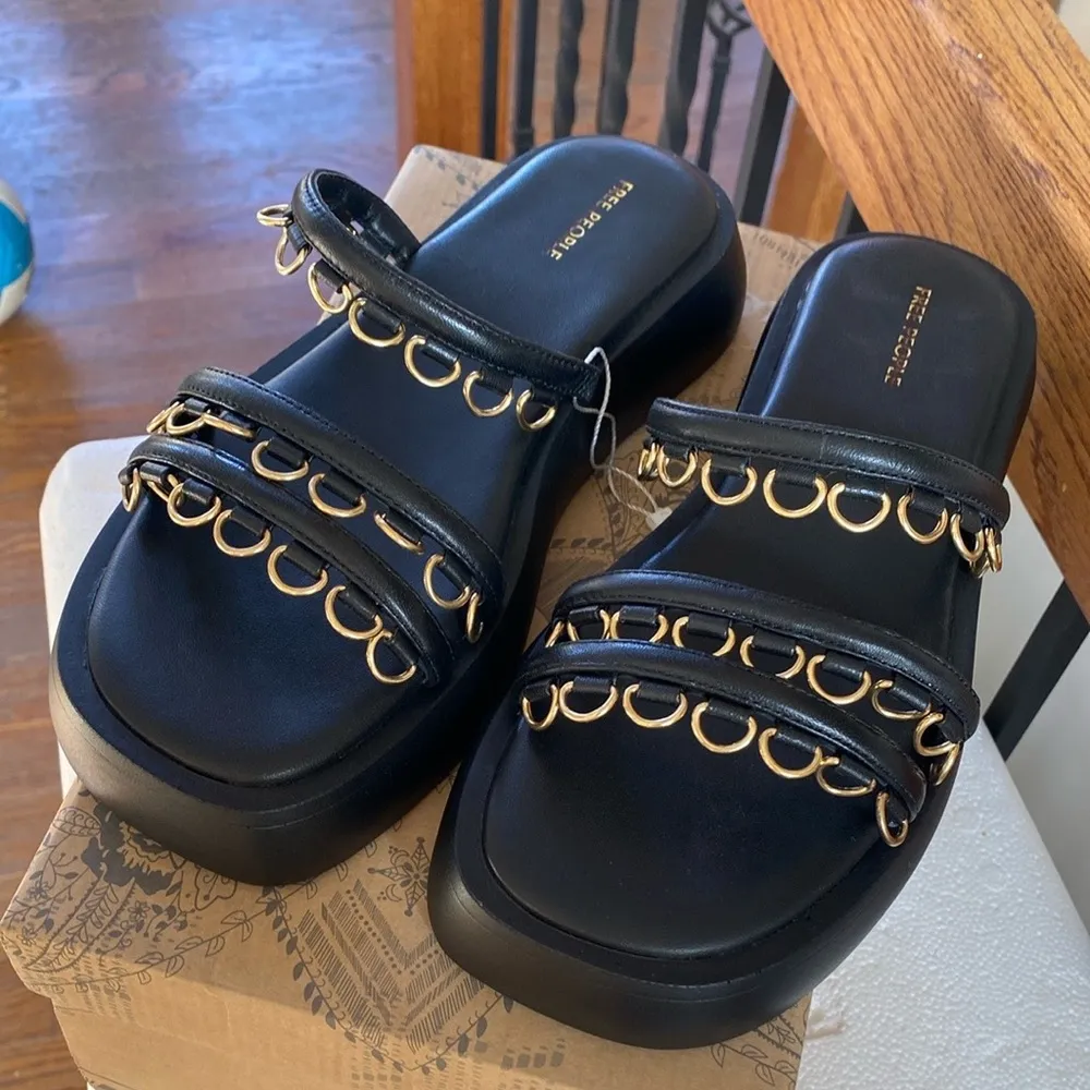 Midas Touch 7.5 Black platform Women's Sandals slides gold hardware - Image 3