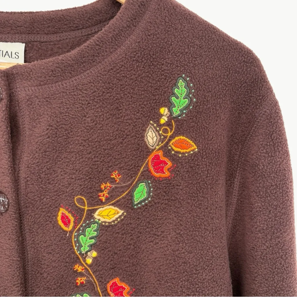 Vintage 90s Essentials by Maggie Embroidered Fleece Cardigan | Sz Large | Brown - Image 5