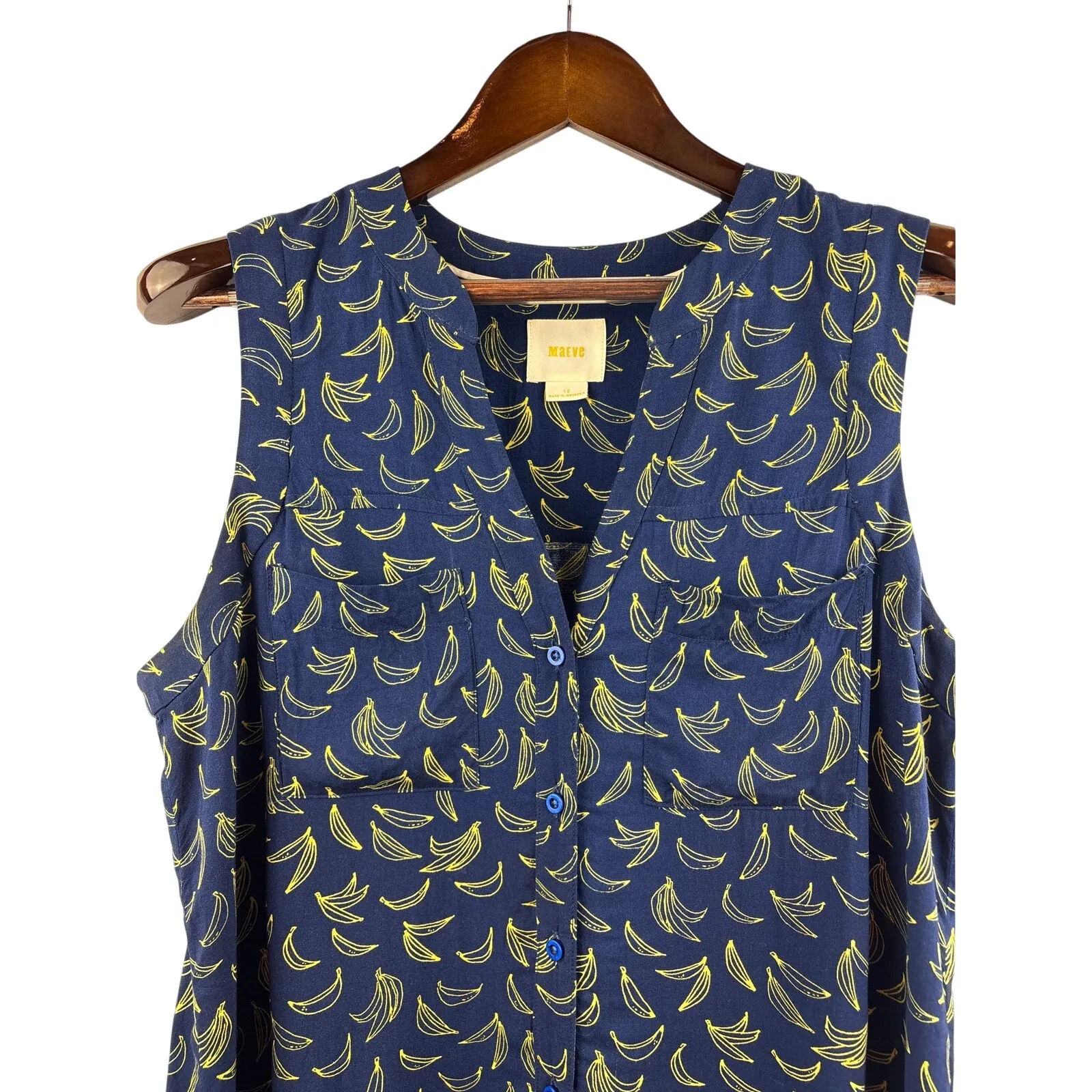 Women’s Maeve Size 12 Navy Blue Sleeveless Blouse w/ Yellow Banana Print - Image 2