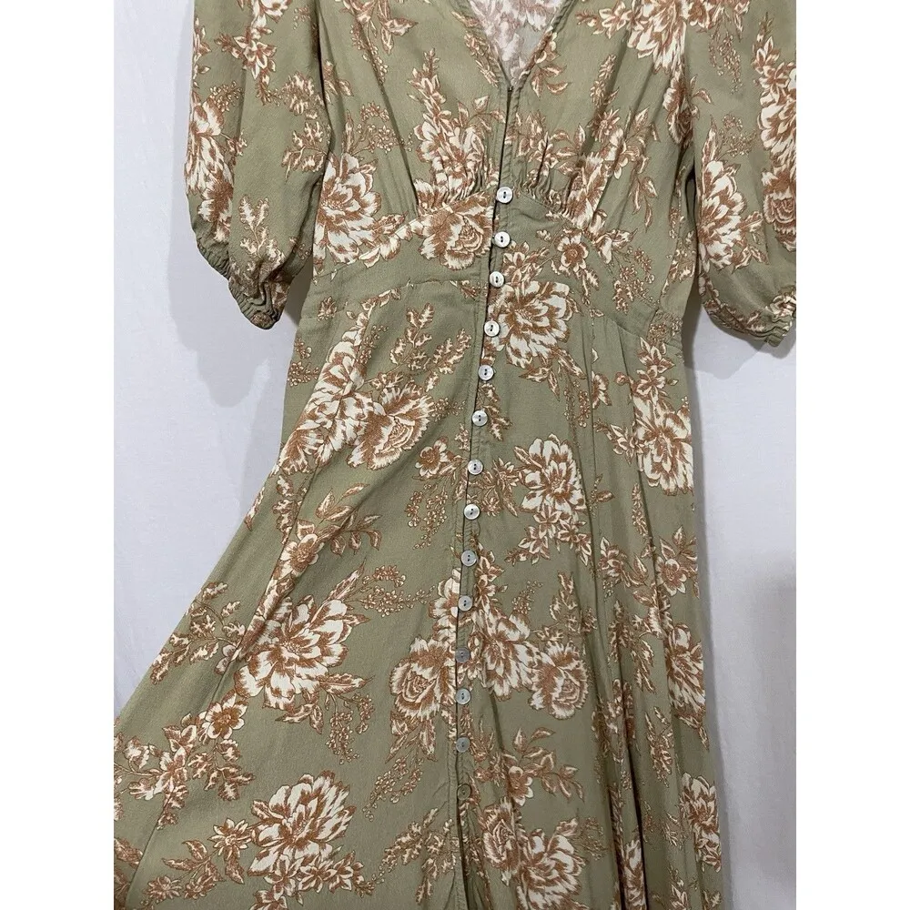 Kivari Lani Dress Midi Size Small Khaki Floral Short Sleeve Boho Green - Image 2