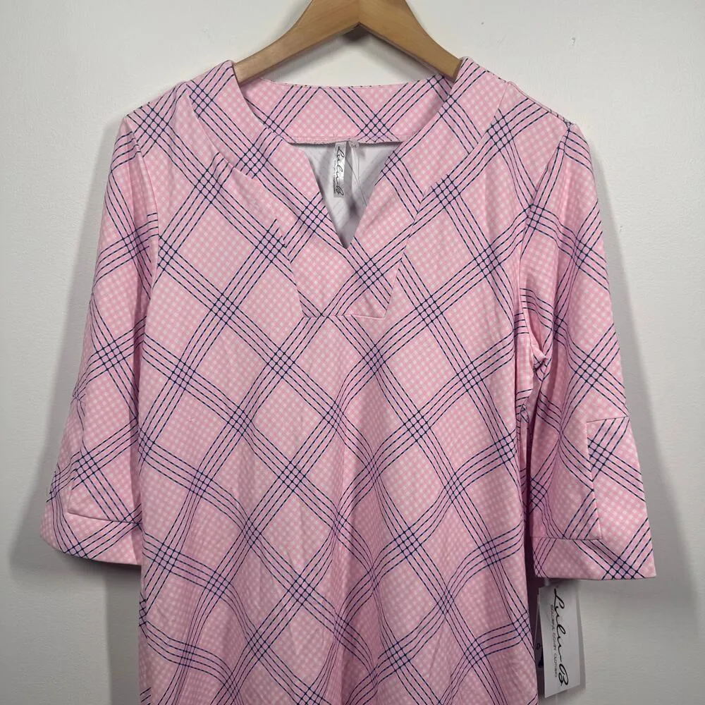 LULU B Dress Women M PINK CHIC NWT ELBOW SLEEVE Plaid UPF 50+ Preppy Summer White Size M - Image 3