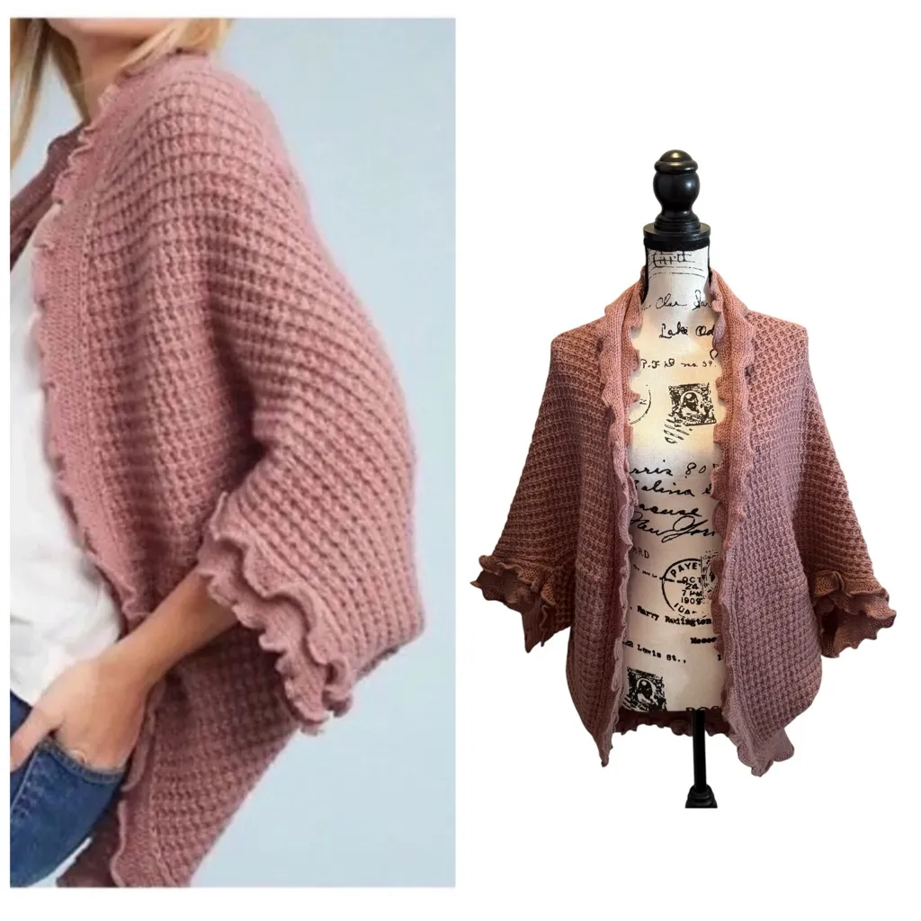 Anthropologie MOTH Crochet Ruffle Cardigan Sweater Pink Mauve Size XS Oversized - Image 2