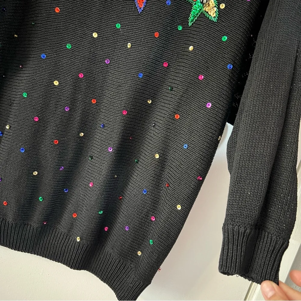 Vintage Beaded Sequin Holiday Sweater Stars Christmas Ugly Long Line Oversized L Black Size L - Image 3