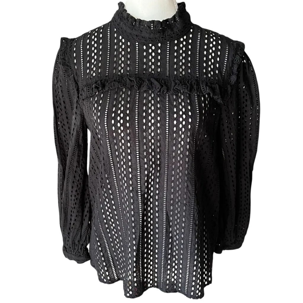 Madewell Black‎ Lace Ruffle Blouse Eyelet Mockneck Ruffle Tie Back Size XS - Image 2