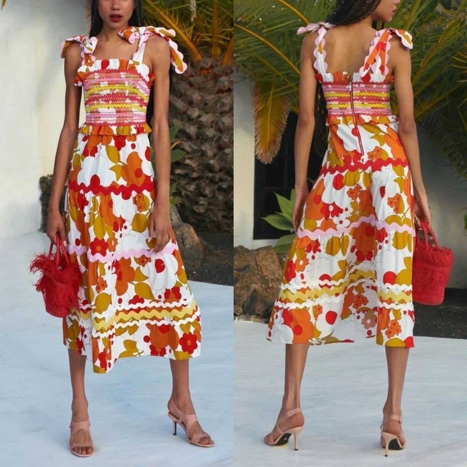 CeliaB Colorful Floral Sunstone Smocked Midi Dress Tie Shoulders Size Large Orange - Image 8