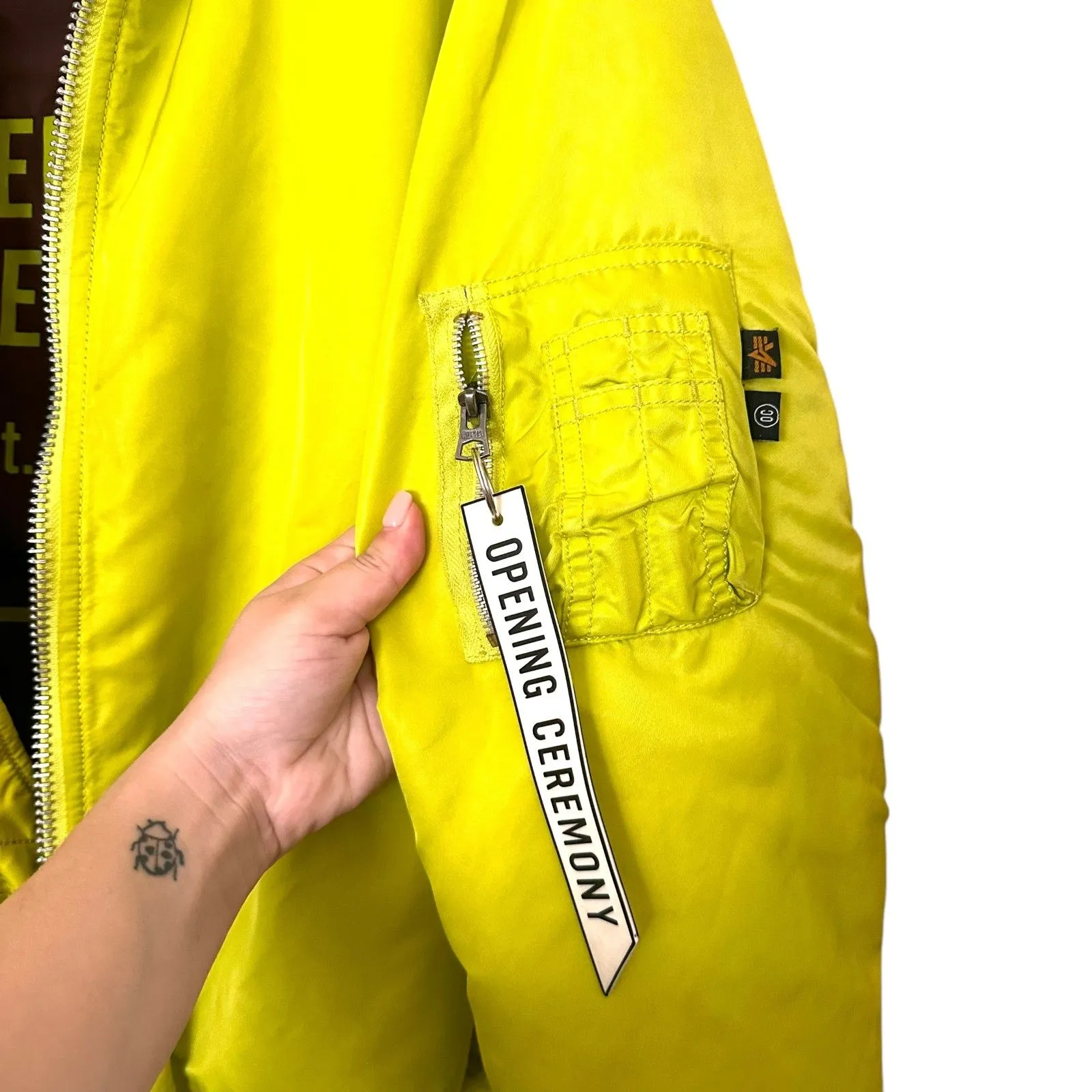 OPENING CEREMONY Reversible Bomber Jacket Faux Fur Collar Neon Yellow Medium - Image 5