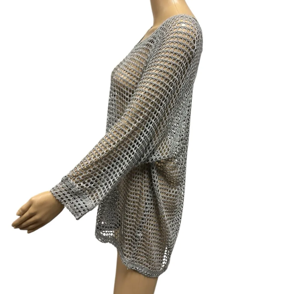 Y2K Bobeau Gray Mesh Cut Out 3 Quarter Sleeve Rounded Neck Coverup Top Womens XL - Image 4