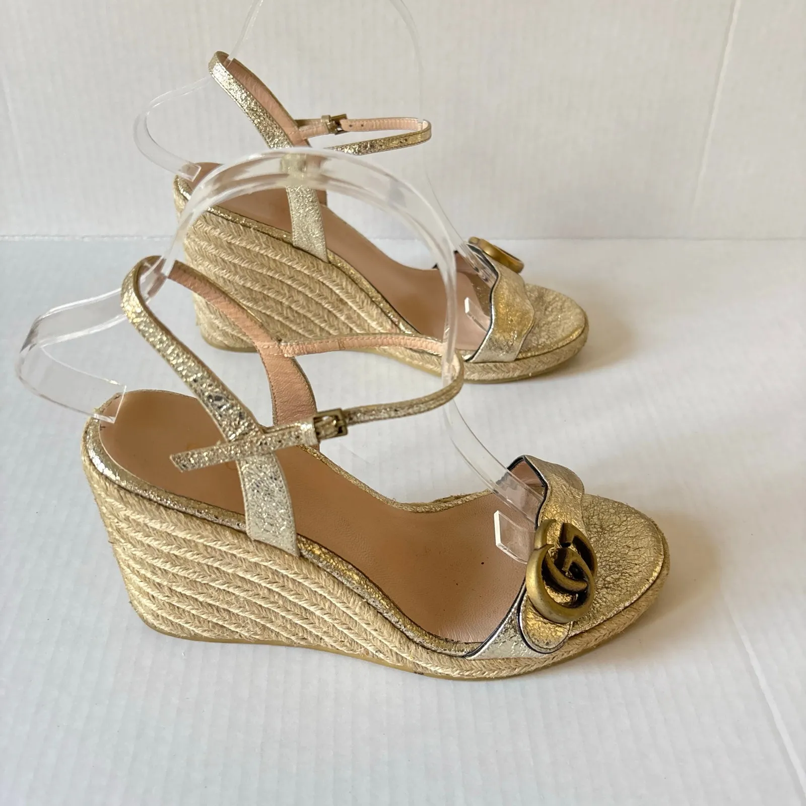 Gucci Aitana GG Marmont Espadrille Platform Wedge Heel Sandals Gold Size EU 37.5 - Image 6
