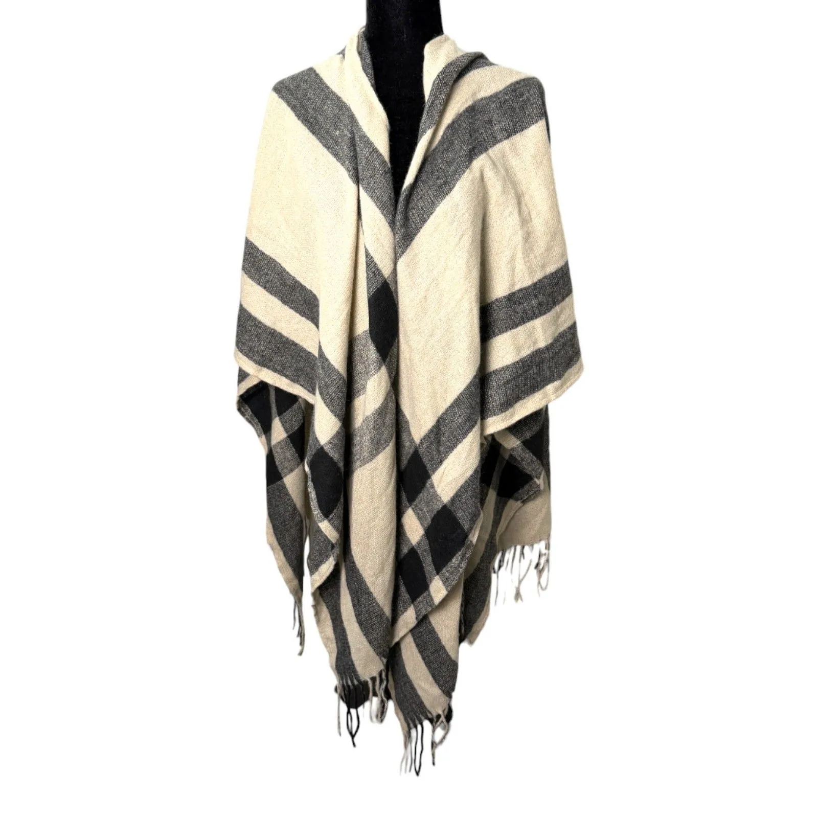 Banana Republic Cashmere Wool Blend Plaid Beige Black Fringe Wrap One Size NEW - Image 5