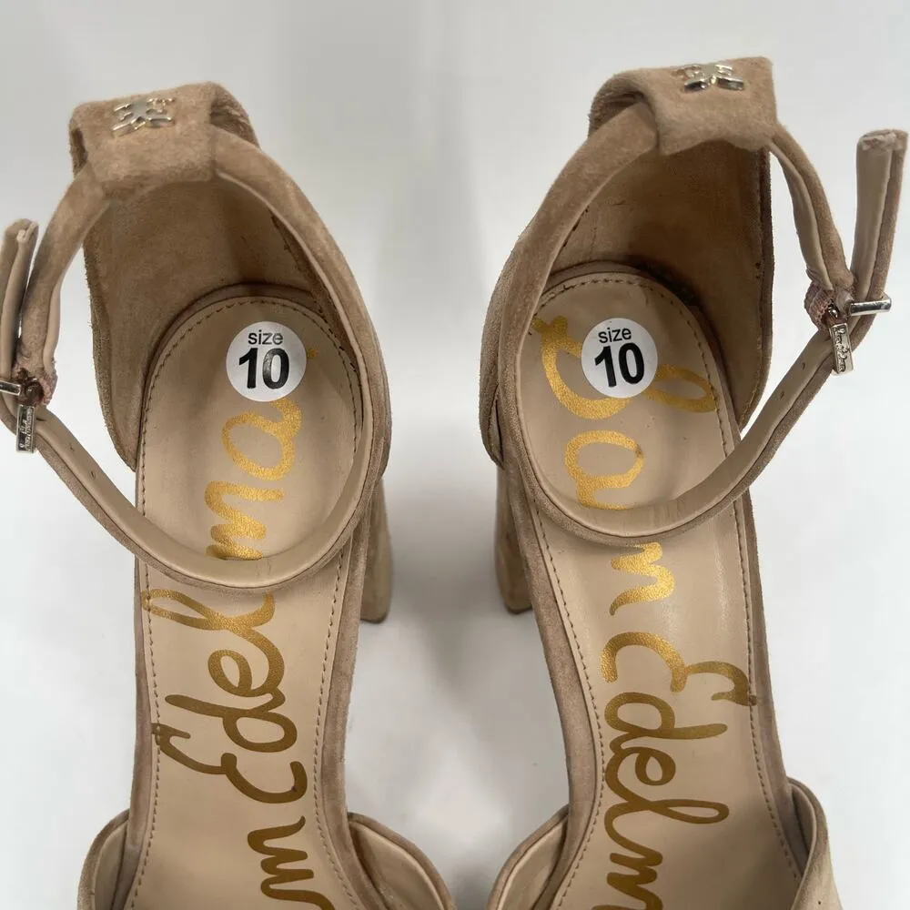 SAM EDELMAN Heels Yancy Size 10 Suede Leather Ankle Strap Block Heel Tan Shoes - Image 5