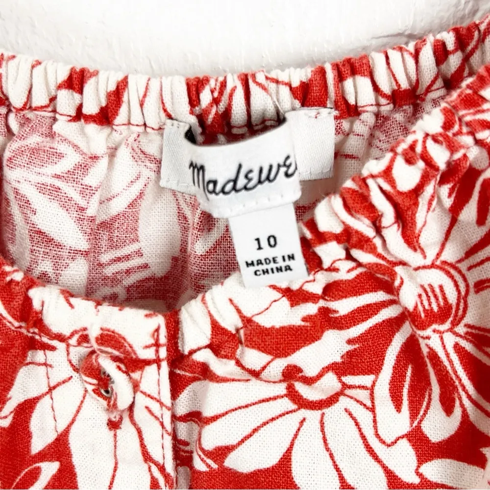 MADEWELL Margie Red White Linen Blend Cap Sleeves Button Front Mini Dress 10 - Image 3