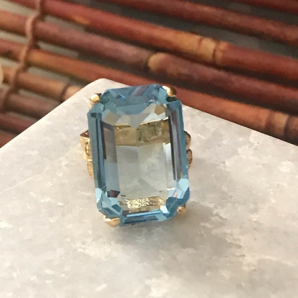Large Blue Glass Statement Ring 18KT Gold Filled Size 5 - Image 5