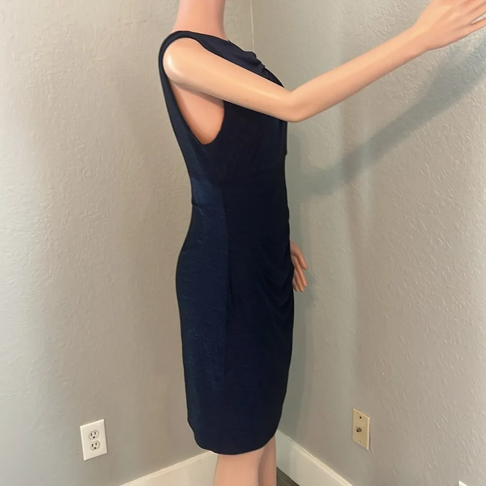 Adrianna Papell Crushed blue METALLIC JERSEY SHEATH Side Ruched DRESS Sz 12 #185 - Image 7