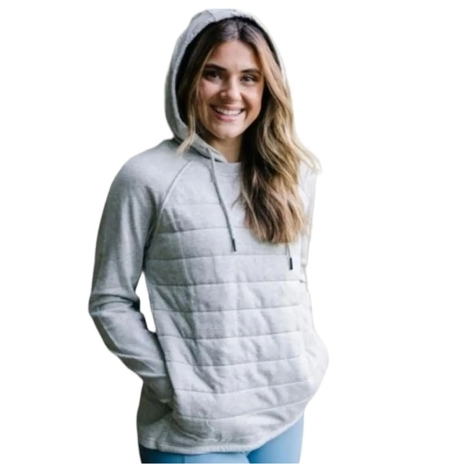 Zyia Sweatshirt Womens Small Gray Quilted Front Hoodie Casual Workout Athleisure - Image 6