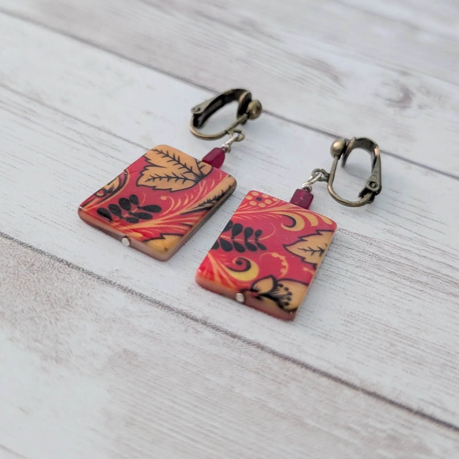 Vintage Clip On Earrings Redish Orange and Golden Yellow Tones Stunning Dangle - Image 5