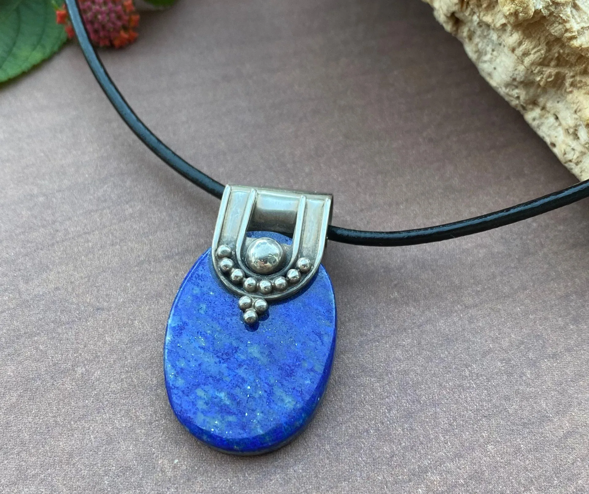 Sterling silver Lapis Lazuli pendant leather cord Blue - Image 2