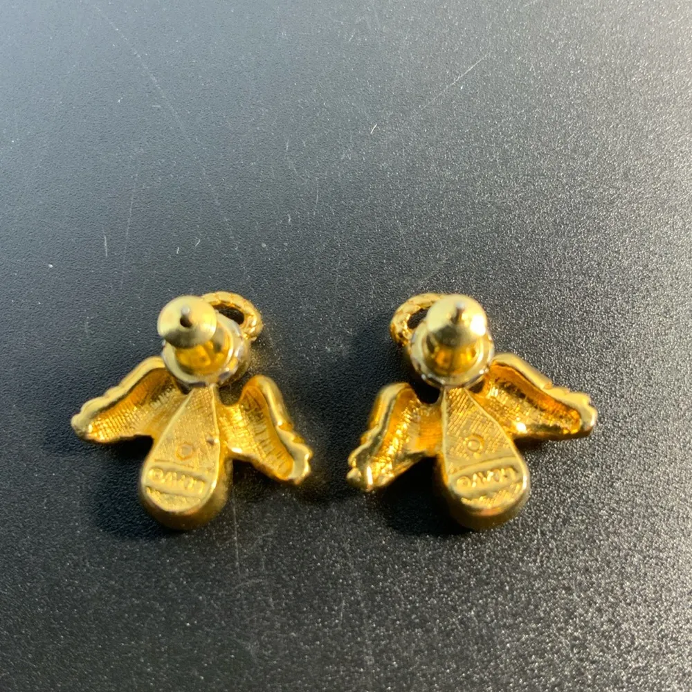 Vintage Gold tone Angel Pierced Earrings Clear teardrop rhinestone body - Image 3