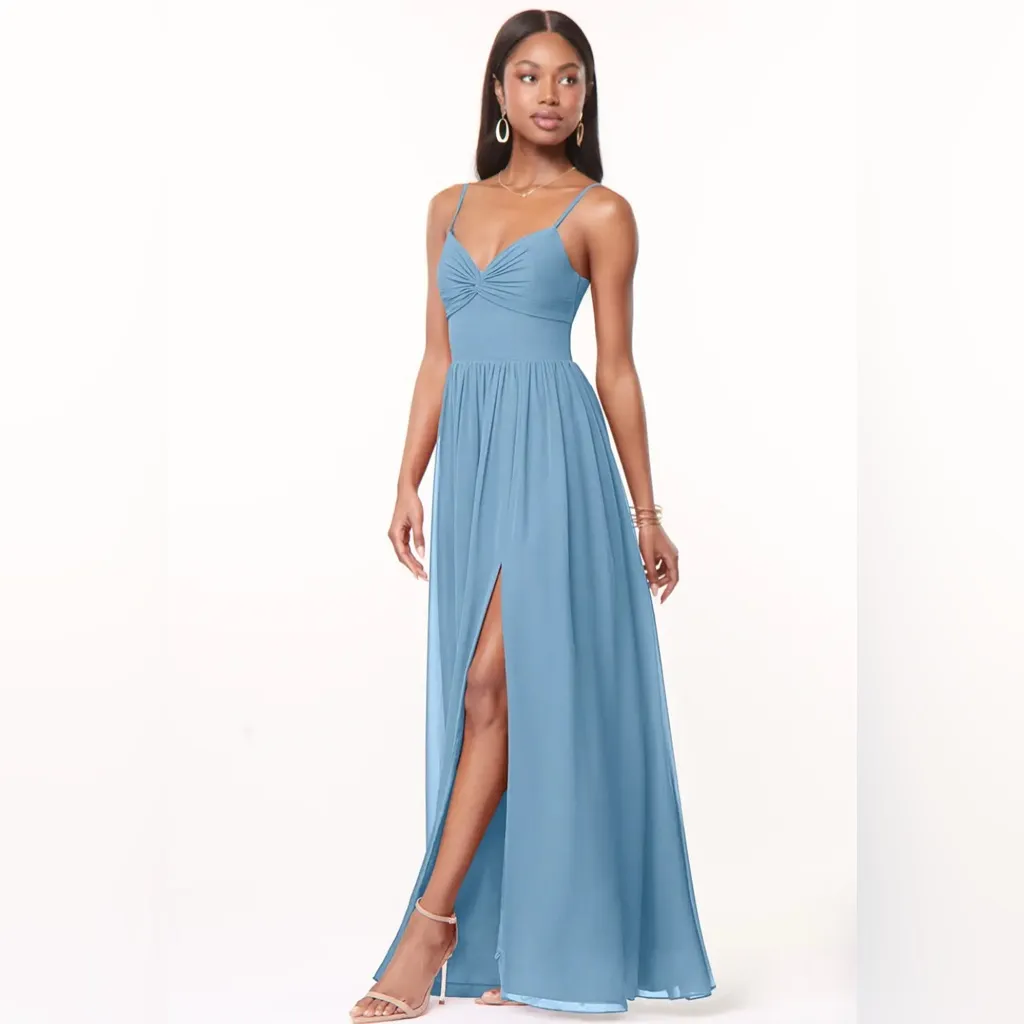 Azazie Zeya Agave Steel Blue V Neck Bridesmaid Dress - Image 4