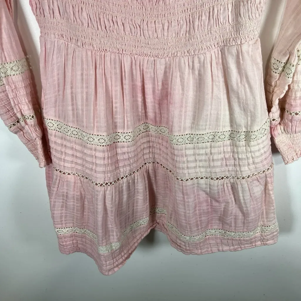 American Eagle Womens Pink Tie‎ Dye Smocked Ruffle Cotton Long Sleeve Dress L - Image 3