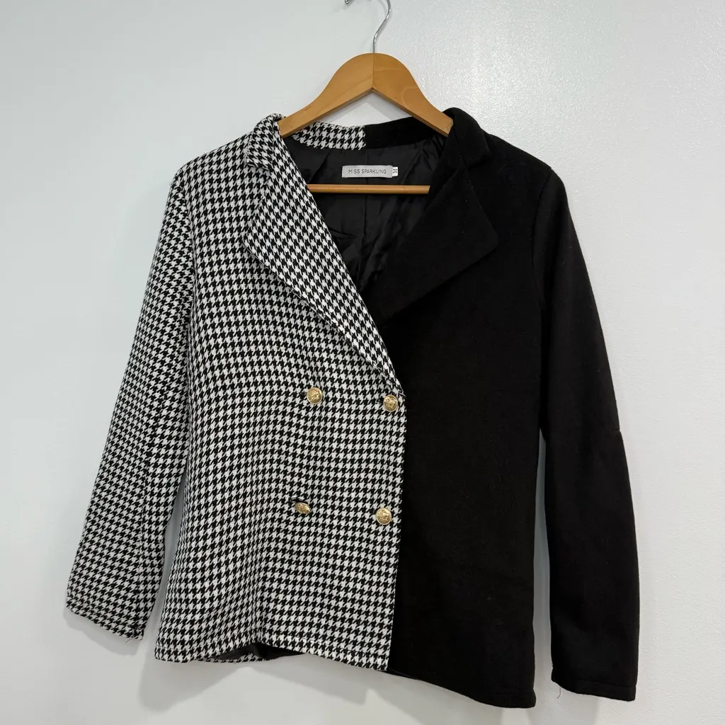 Elegant Black and White Houndstooth Midi Coat Size M - Image 8