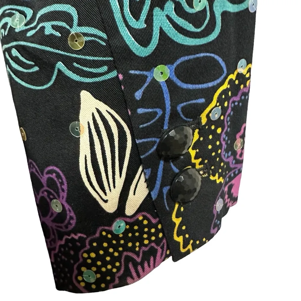 Y2K Redd Jeans Black Multicolor Bold Floral Sequin Blazer Jacket Womens 12 - Image 7