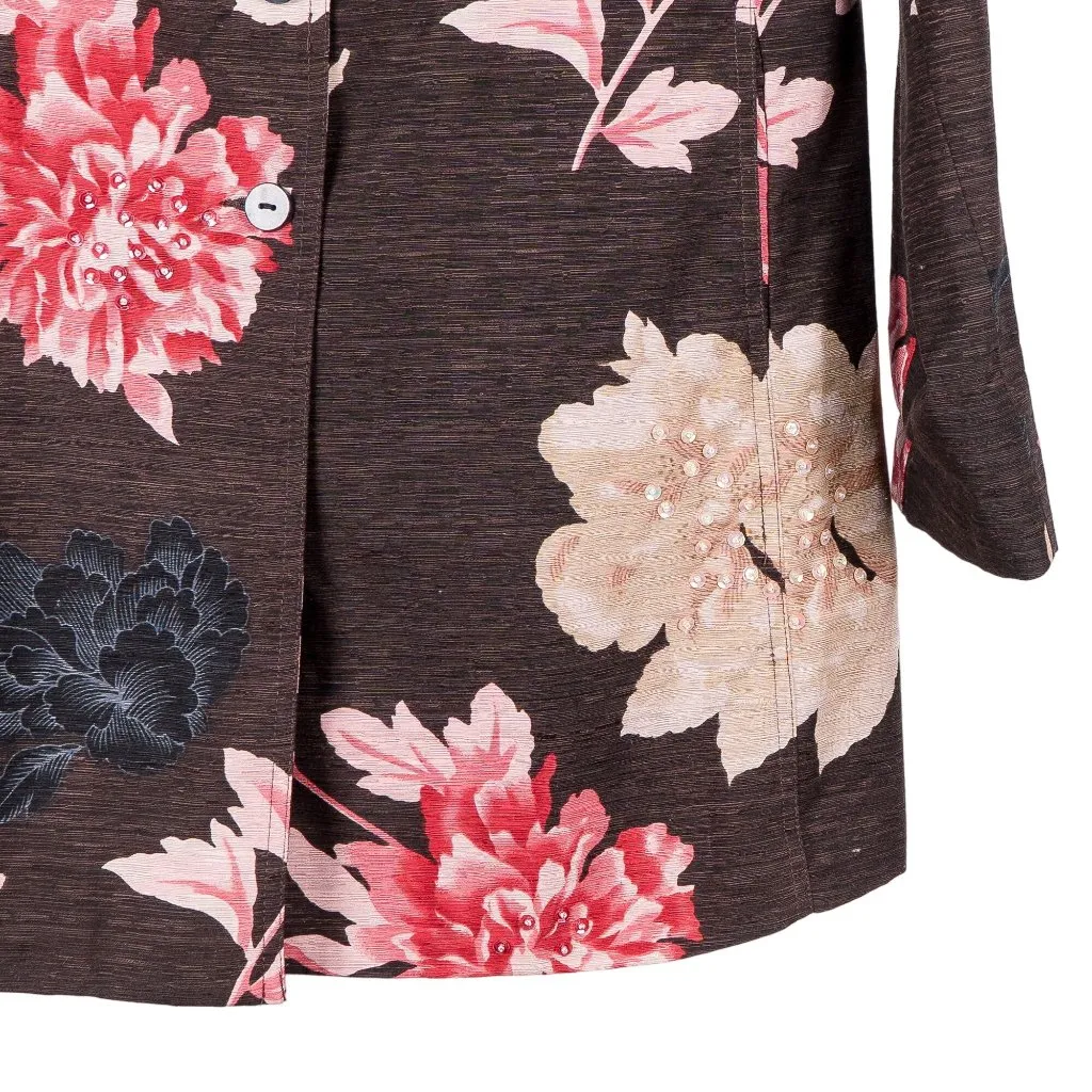 Silk Land Floral Coat M Women Brown Pink Long Old Money Classic Collar Buttons Size M - Image 3