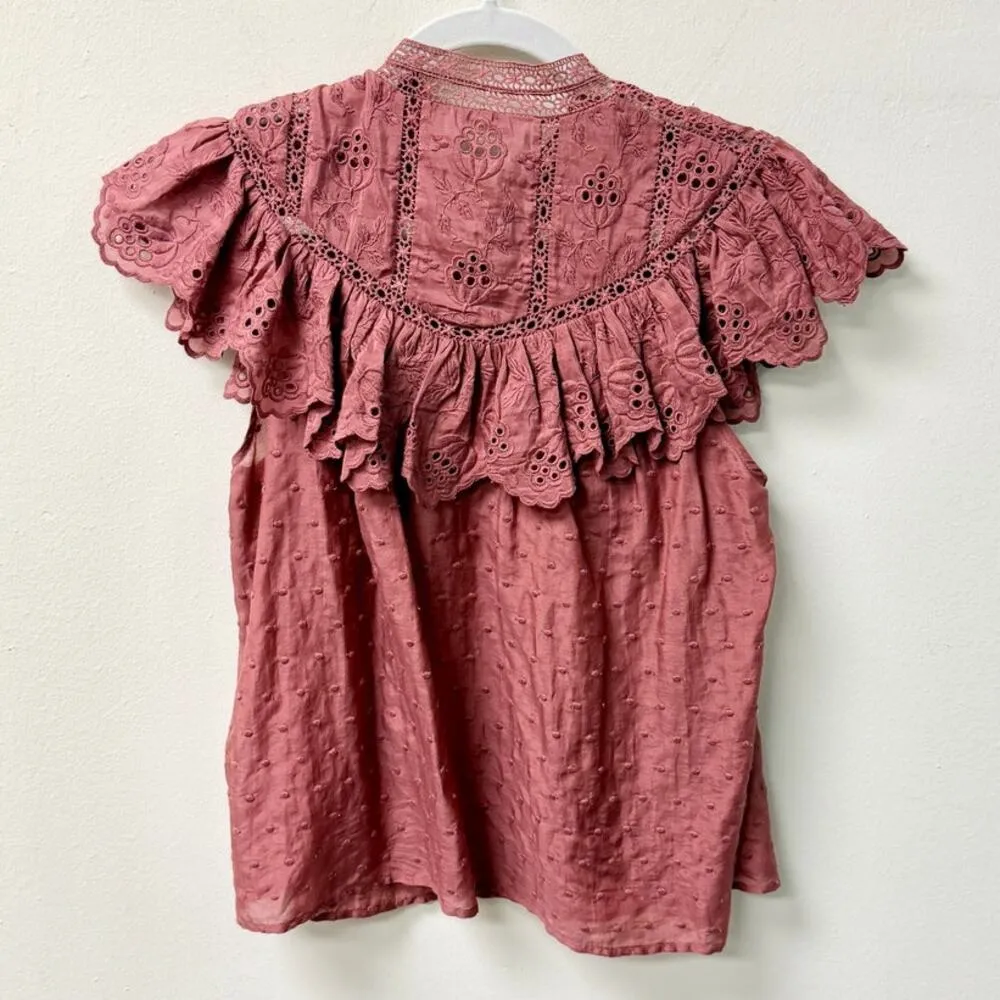 Ulla Johnson Delaine Cotton/Silk Mock Neck Ruffle Trim Blouse Rosewood Women's 0 - Image 5