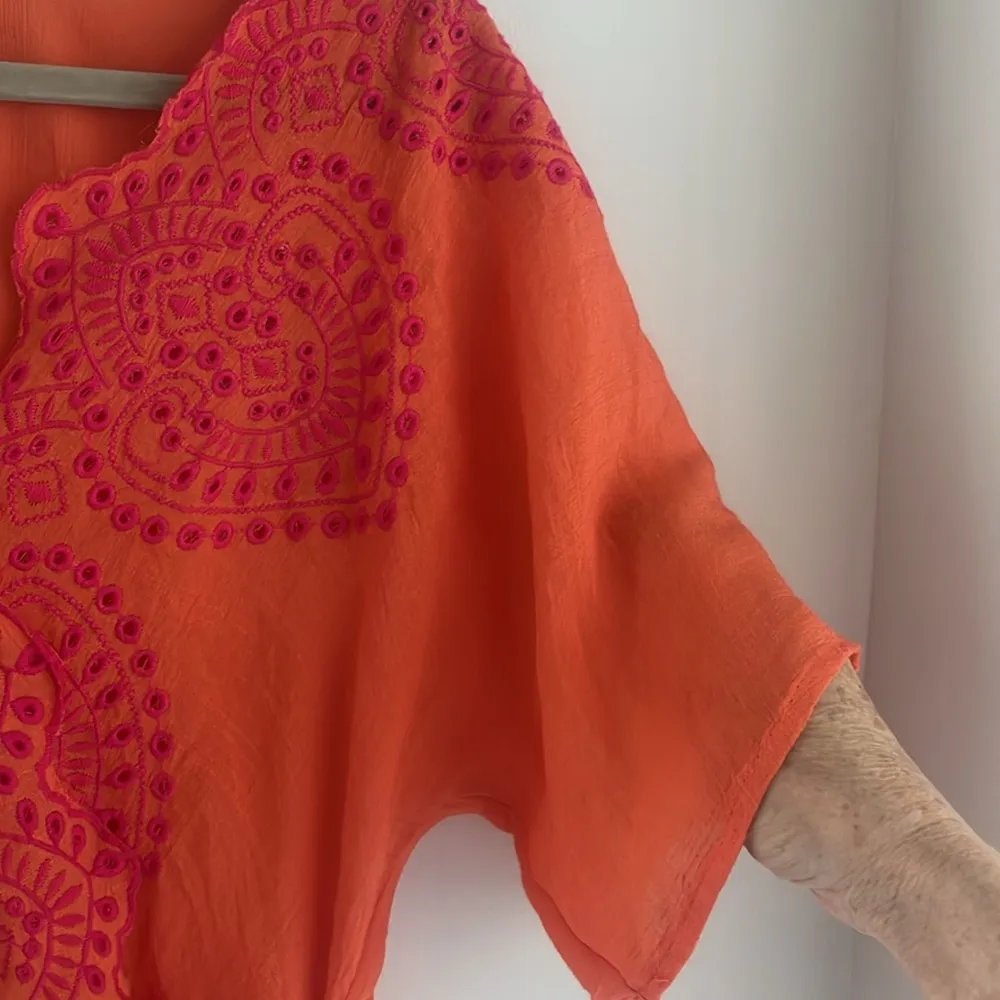 Anthropologie Fig and Flower Embroidered Top Orange Pink Tie Waist Size Small - Image 8