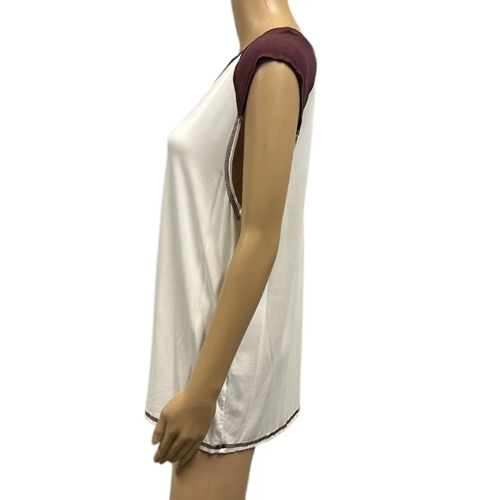 Pol Cap Sleeve 2 Tone Burgundy Cream Comfortable Jersey Top Shirt Womens Small - Image 3