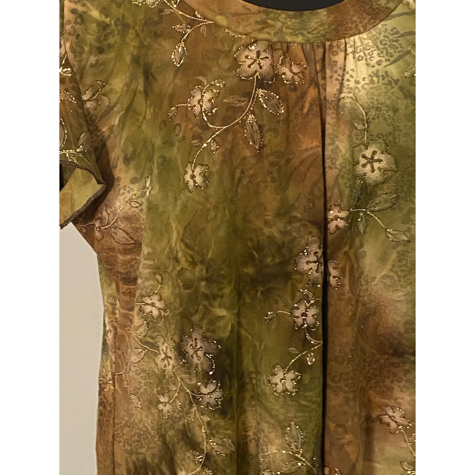 Y2K Gold Bling Brown Green Marbled Handkerchief Hem Flutter Sleeve PXL Blouse - Image 3