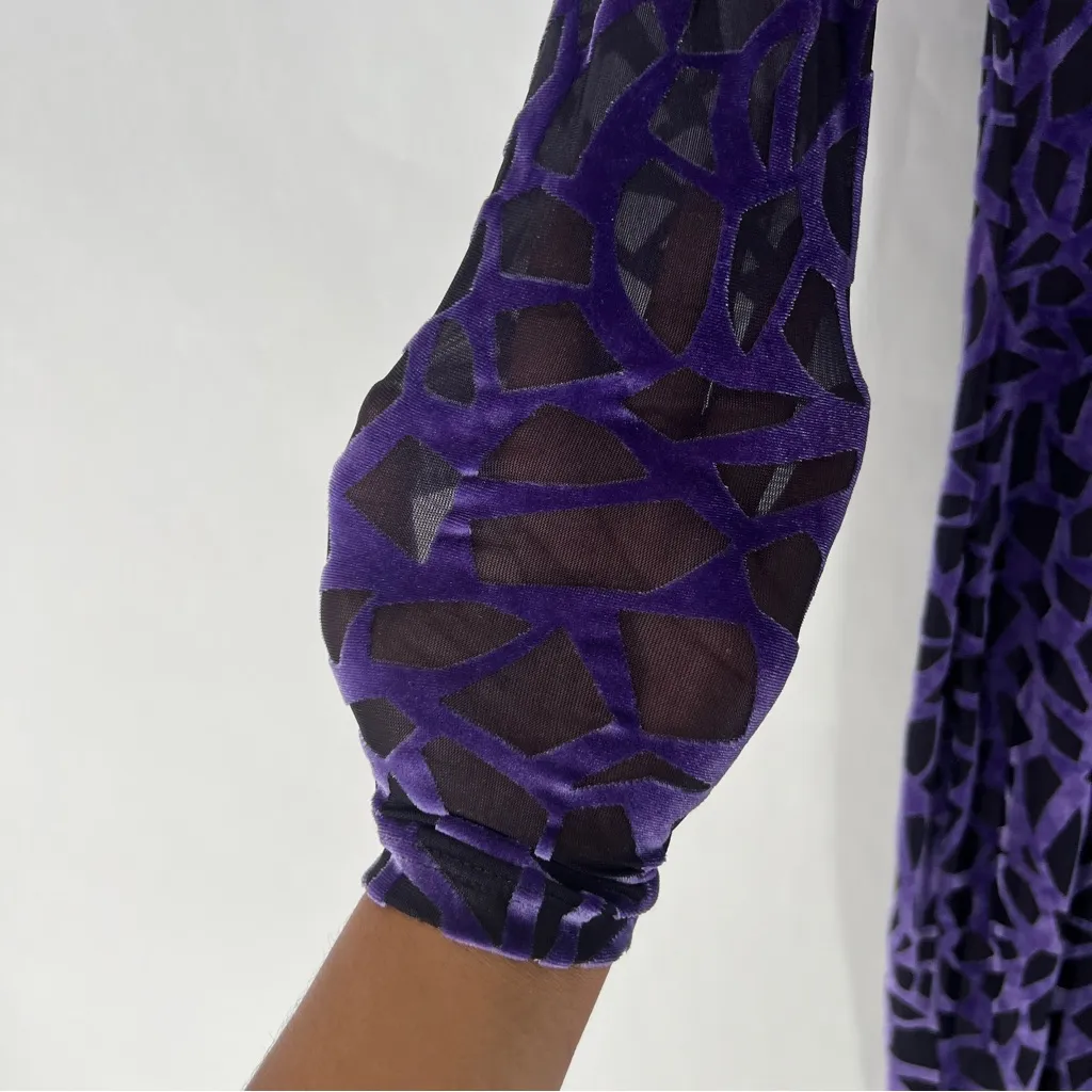 Goodtime USA Purple Burnout Velvet Geometric Long Sleeve Mock Neck‎ Midi Dress - Image 6